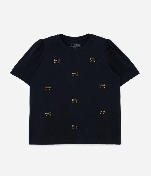 Camiseta em Algodão com Manga Bufante e Lacinhos Flocados Curve & Plus Size - 1