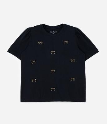 Camiseta em Algodão com Manga Bufante e Lacinhos Flocados Curve & Plus Size