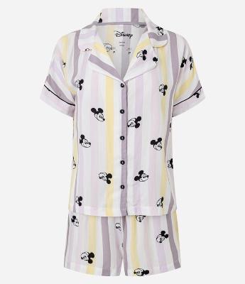 Pijama Short Doll Americano em Viscose com Estampa Listrada e Mickey