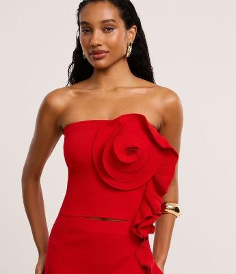 Blusa Cropped Sem Alça em Tricô com Babado Floral