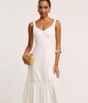 Vestido Longo em Sarja com Decote Coração Recortado