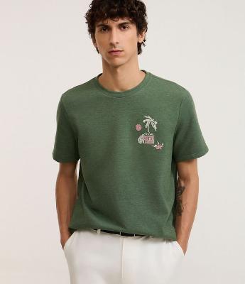 Camiseta Regular em algodão Texturizado com Estampa Tropical