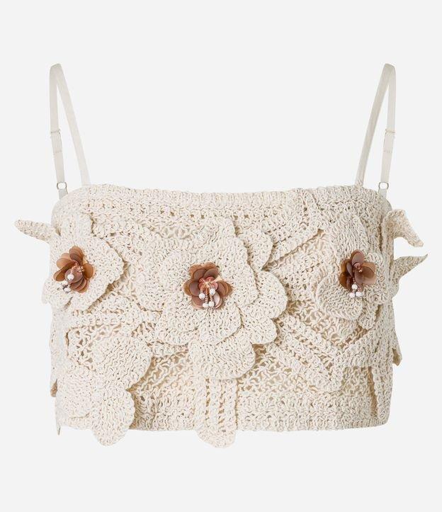 Blusa Cropped de Alça em Tricô com Flores Aplicadas - 1