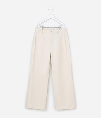 Calça Infantil Wide Leg em Sarja com Broderie na Barra - Tam  7 a 14 Anos