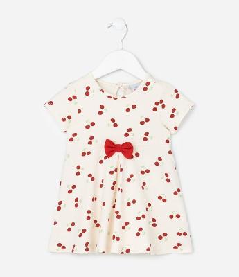 Vestido Infantil com Estampa de Cerejas -Tam 0 a 18 Meses