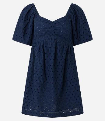 Vestido Curto em Laise com Bordado de Conchas e Manga Bufante