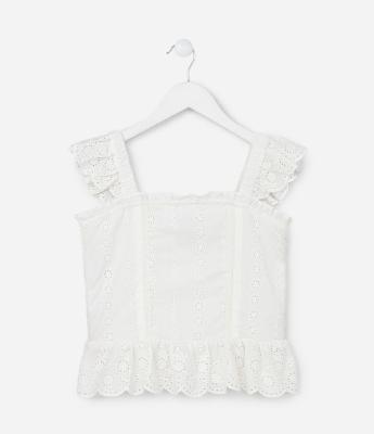 Blusa Infantil em Tricoline com Alça de Broderie - Tam 5 a 14 Anos