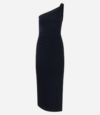 Vestido Long Midi com Ombro Só e Pregas Laterais