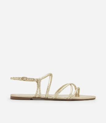 Sandália Rasteira com Bico Folha e Tiras com Efeito Cobra