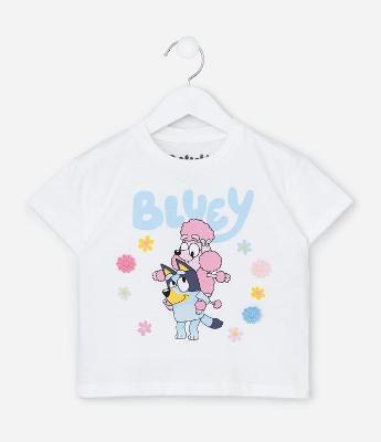 Camiseta Infantil Relaxed com Florzinhas Aplicadas Bluey e Coco - Tam 1 a 6 Anos