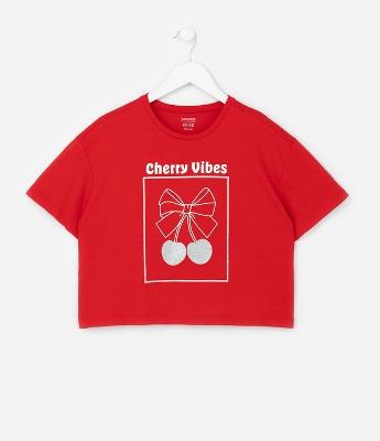 Camiseta Infantil Boxy com Estampa de Cereja - Tam 5 a 14 Anos