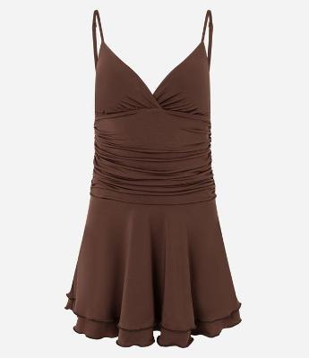 Vestido Curto em Microfibra com Franzidos e Babados