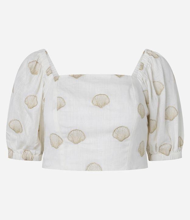 Blusa em Viscolinho com Manga Bufante e Bordado Conchas - 1