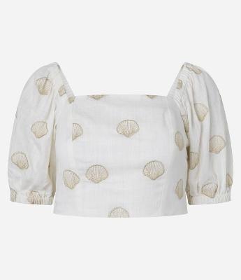 Blusa em Viscolinho com Manga Bufante e Bordado Conchas