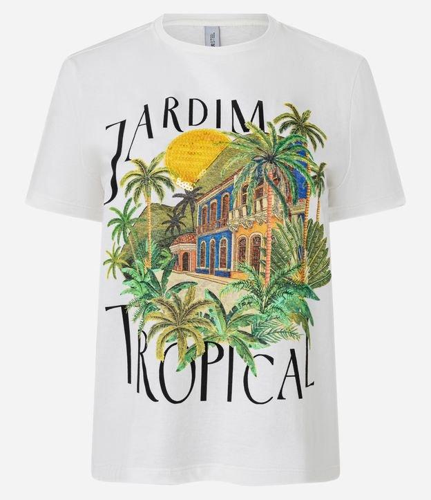 Camiseta T-Shirt  em Algodão com Estampa Tropical e Paetês - 1