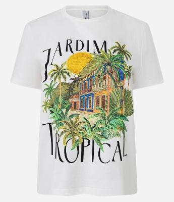 Camiseta T-Shirt  em Algodão com Estampa Tropical e Paetês