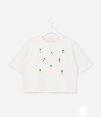 Camiseta Curta Infantil com Bordado Abacaxi em Paetês - Tam 5 a 14 Anos