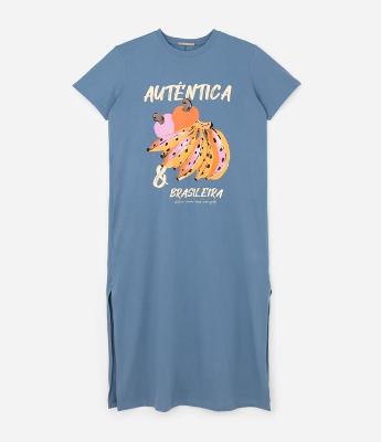 Vestido T-shirt em Algodão com Estampa Tropical e Fendas Curve & Plus Size