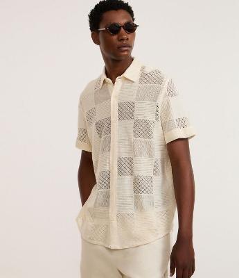 Camisa Comfort em Algodão com Textura Patchwork Quadriculada