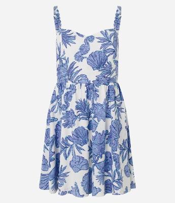 Vestido Reto Curto em Viscolinho com Estampa Marinha