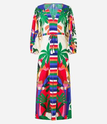 Vestido Longo em Viscose com Estampa Tropical Boho