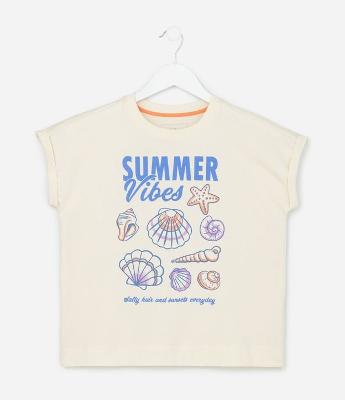Camiseta Infantil Over com Estampa de Conchas - Tam 7 a 16 Anos