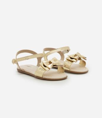 Sandália Infantil Rasteira em PU Liso Infantil rasteira com Laço Dourado - Tam 20 ao 25