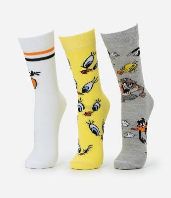 Kit 03 Meias Cano Alto em Algodão com Estampa Looney Tunes