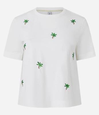 Camiseta em Algodão com Paetê Bordada de Coqueiro