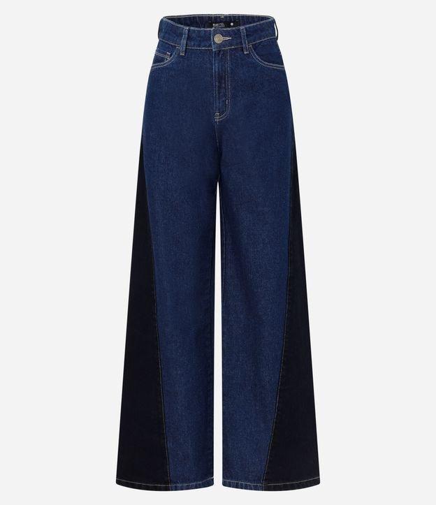 Calça Wide Leg em Jeans Estonado com Lateral Contrastante - 1