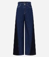 Calça Wide Leg em Jeans Estonado com Lateral Contrastante - 1