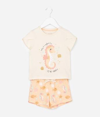 Pijama Curto Infantil em Algodão com Estampa de Cavalo Marinho - Tam 2 a 4 Anos