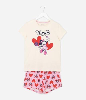 Pijama Curto Infantil com Estampa de Corações e Minnie - Tam 5 a 14 anos