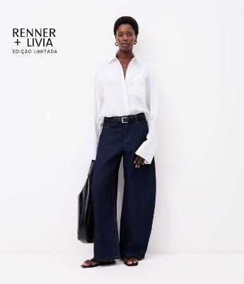 Calça Barrel Maxi Oversized Alfaiatada Cintura Baixa em Jeans com Pesponto Contrastante