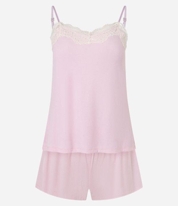 Pijama Short Doll em Ribana com Alcinha e Renda - 1