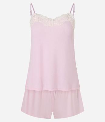 Pijama Short Doll em Ribana com Alcinha e Renda