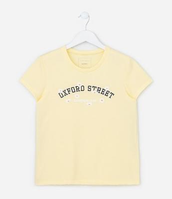 Camiseta Infantil Slim com Lettering Oxford Street e Flores - Tam 5 a 14 Anos