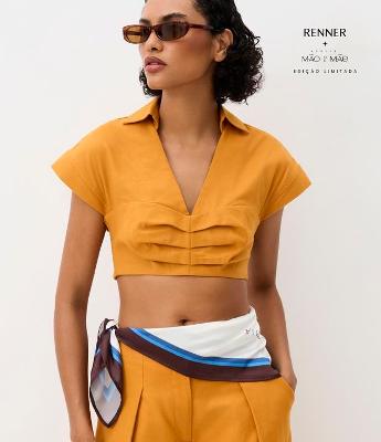 Camisa Cropped em Algodão com Linho e Pregas no Busto