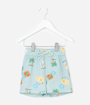 Bermuda Infantil de Banho com Estampa Listrada de Praia e Limões - Tam 1 a 6 Anos