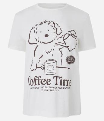 Camiseta T-shirt em Algodão com Estampa de Cachorrinho no Coffee Time