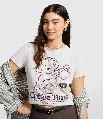 Camiseta T-shirt em Algodão com Estampa de Cachorrinho no Coffee Time