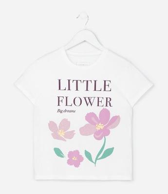 Camiseta Infantil Slim com Estampa de Flores com Glitter - Tam 7 a 16 Anos