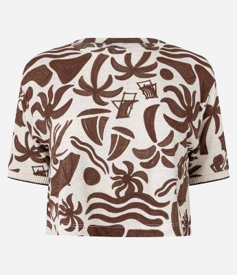 Blusa Cropped T-shirt em Viscose com Estampa de Ícones de Praia