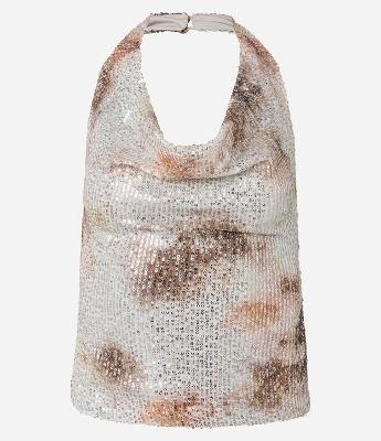 Blusa Frente Única com Decote Degagê em Paetê com Estampa Manchada