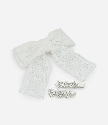 Kit 03 Presilhas de Cabelo Infantil com Detalhes de Strass e Laço de Broderie