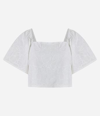 Blusa em Laise com Manga Bufante com Bordado Floral
