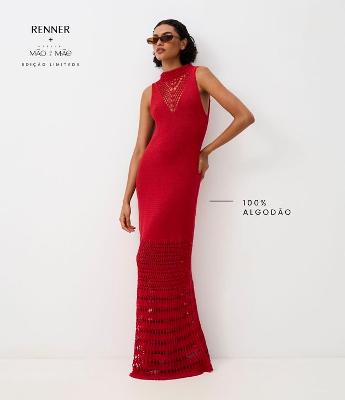 Vestido Ajustado Longa em Tricô com Mix de Ponto de Efeito Crochê