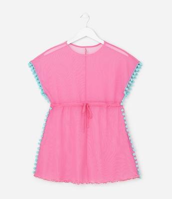 Saída de Praia Infantil em Tule com Mini Pompos - Tam 3 ao 16