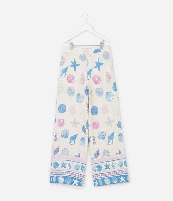 Calça Infantil Wide LEg em Viscolinho com Estampa de Conchas - Tam 5 a 14 Anos