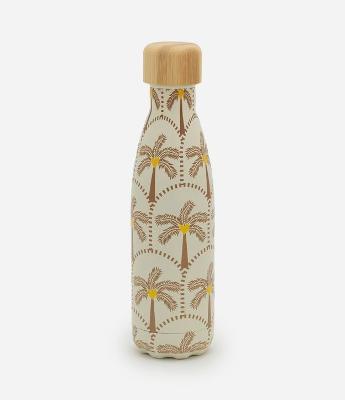 Garrafa Térmica em Metal com Estampa de Coqueiros e tampa de bamboo